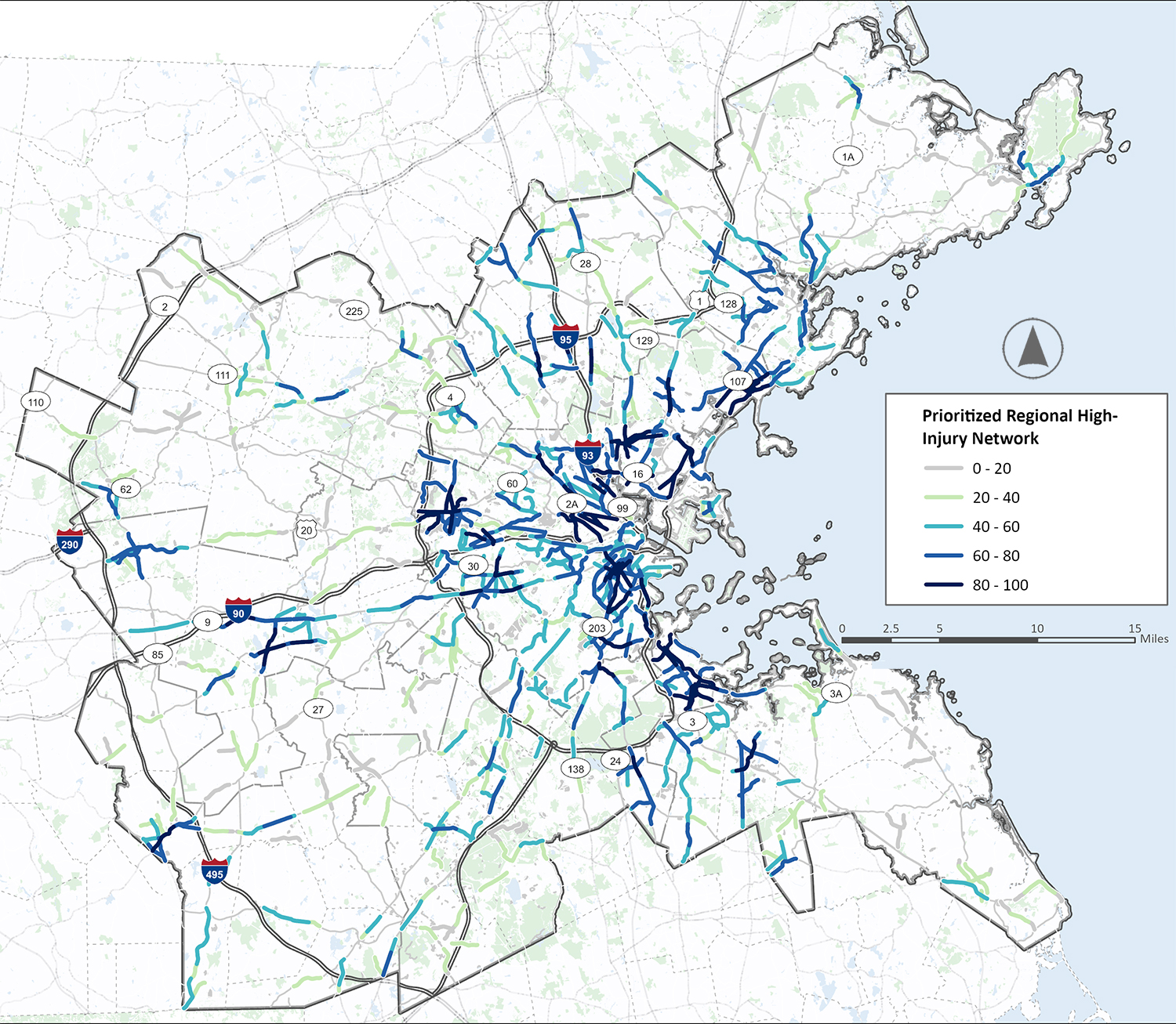 A map of the Boston area with the MPO region enclosed in a border. A Prioritized Regional High Injury Network, consisting of highlighted highest, scoring roadway segments, is overlayed on the map. Most high scoring, highlighted road segments are in the city of Boston, communities to the immediate north, and stretching along major roads to the northeast. There are also notable clusters around Waltham, Framingham, Milford, Newton, Quincy/Weymouth, areas of Roxbury, Grove Hall, South End, and Dorchester, and several communities to the immediate north of Boston, including Lynn and Salem. 